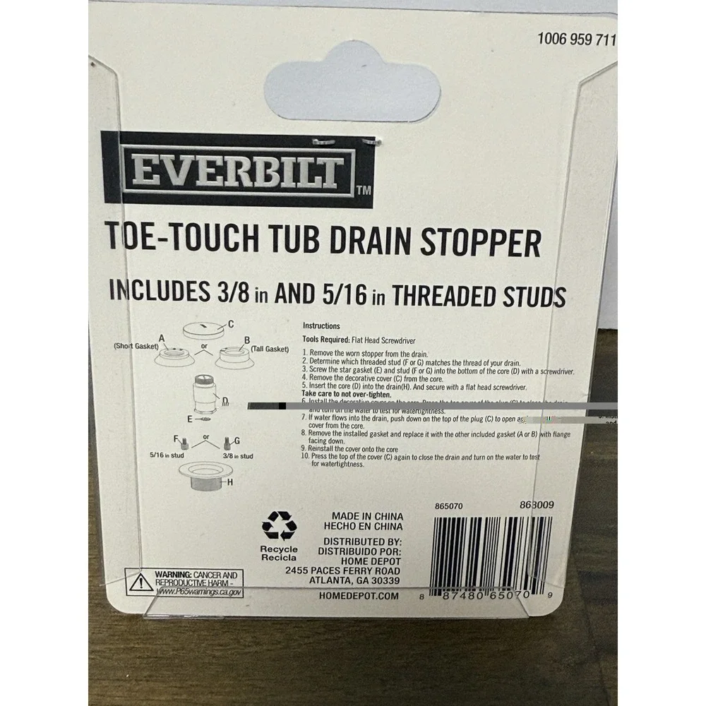 Brand New Everbilt Toe-Touch Tub Drain Stopper